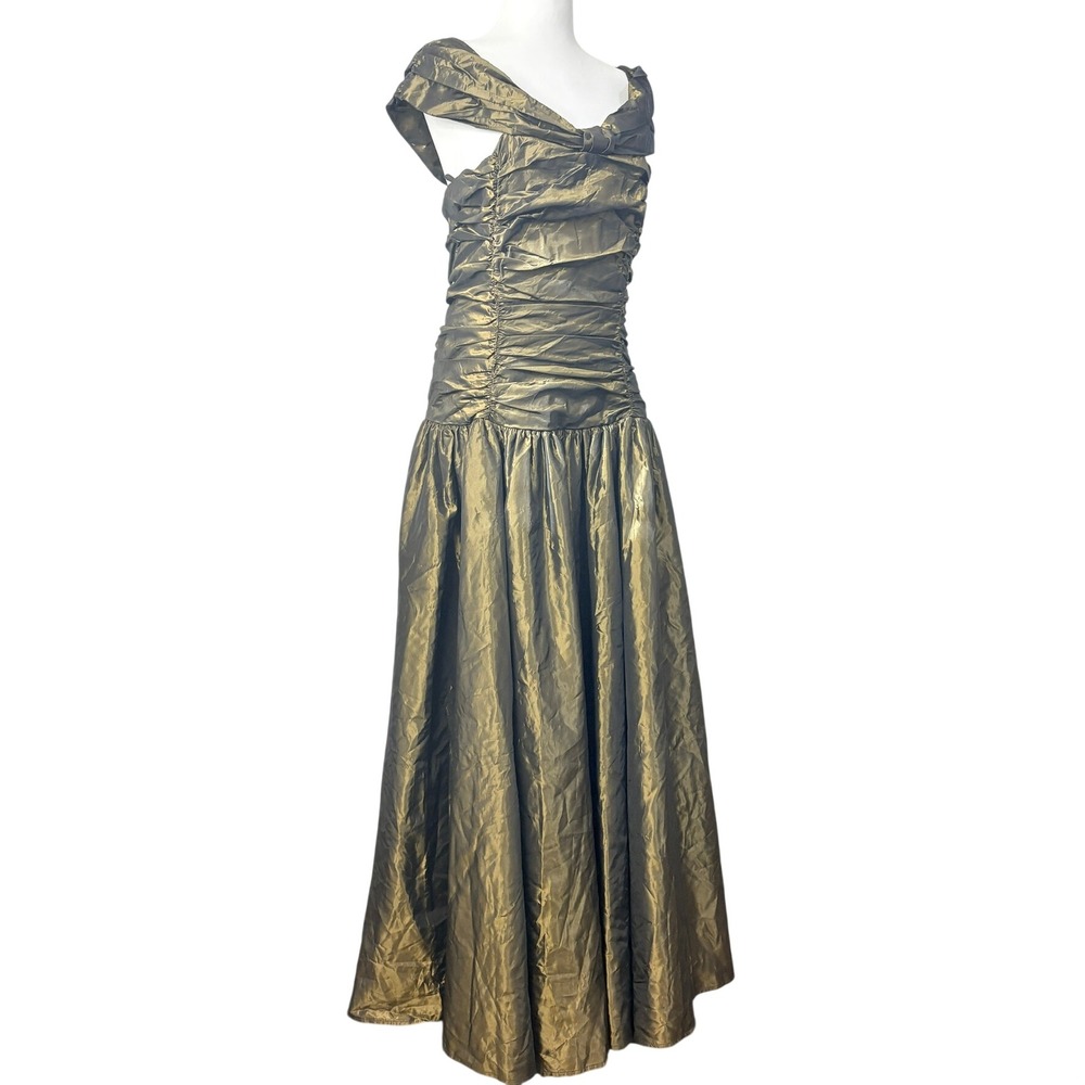 RARE Laura Ashley Prom Dress Evening Gown Gold Bronze Metallic Ruched Maxi Ball